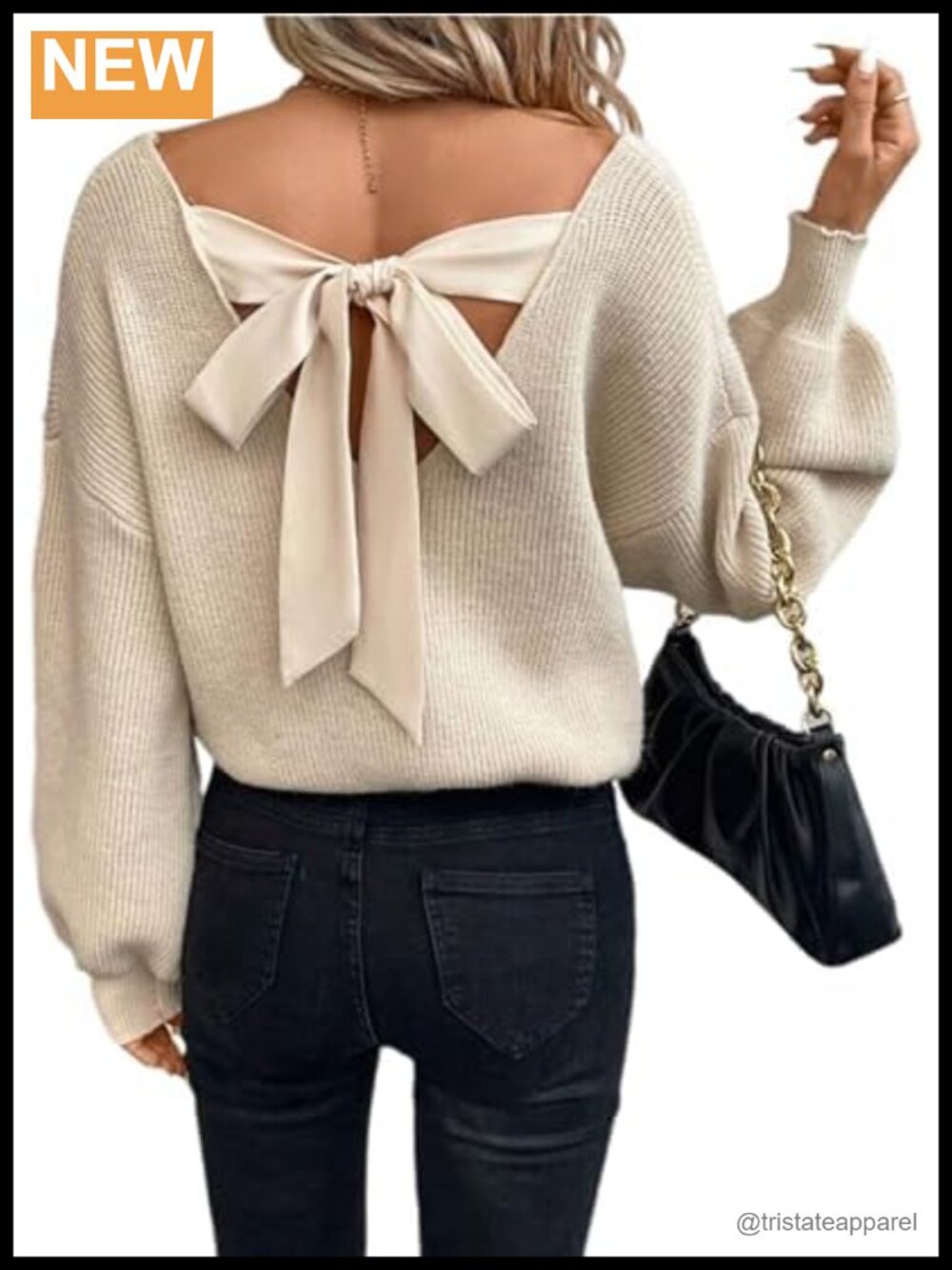 Women's Backless Bow Tie Lantern Sleeve Pullover Sweater